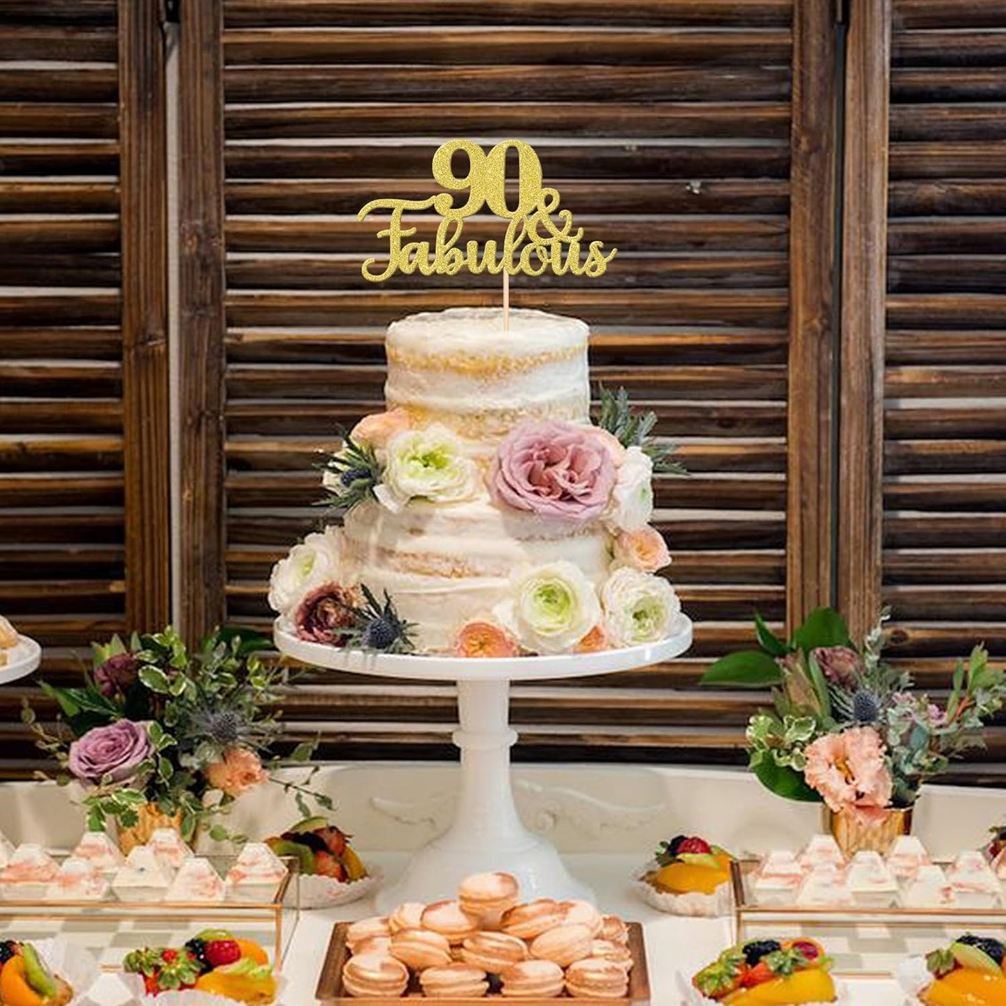 1 PCS 90 & Fabulous Cake Topper Gold Glitter 90th Birthday Anniversary Cake Pick Decoration for 90th Birthday Wedding Anniversary Party Decorations Happy 90th Birthday Cake Decorations Supplies