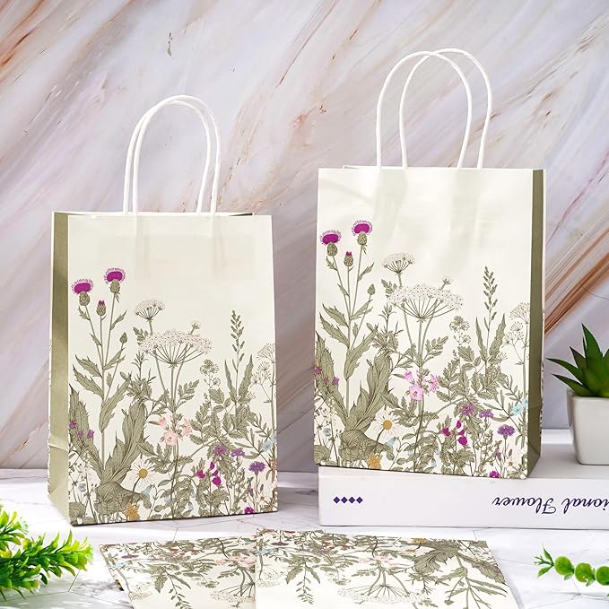 24Pcs Vintage Wildflower Paper Gift Bags Retro Floral Party Favor Bags with Handles Flower Decorative Goodie Candy Treat Bags for Wedding Birthday Baby Shower Party Supplies