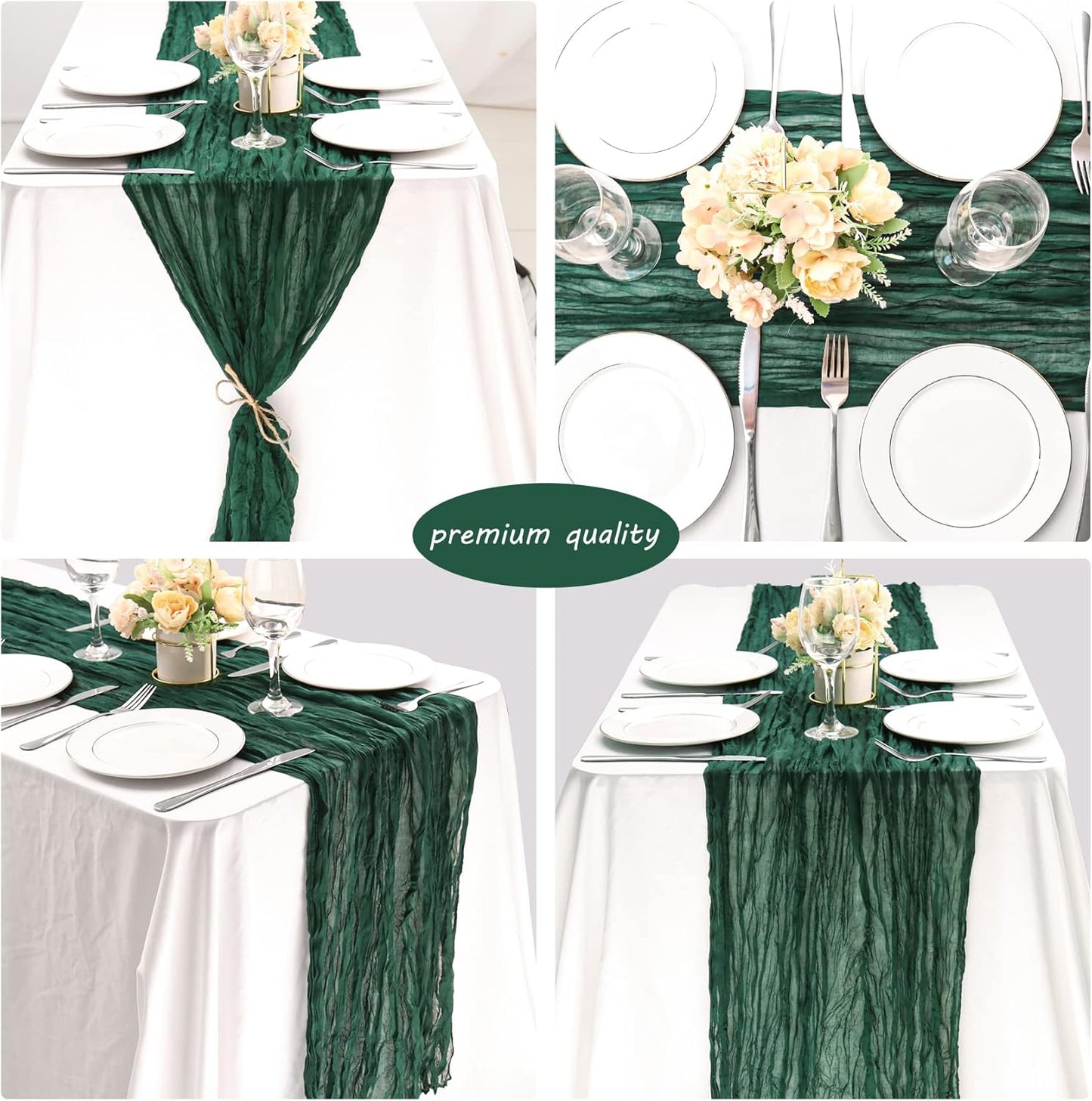 12 Pack Boho Gauze Table Runner 35x72 Inch - Rustic Cheese Cloth Long Table Runner for Wedding, Bridal Shower & Birthday Party Decor (Dark Green)