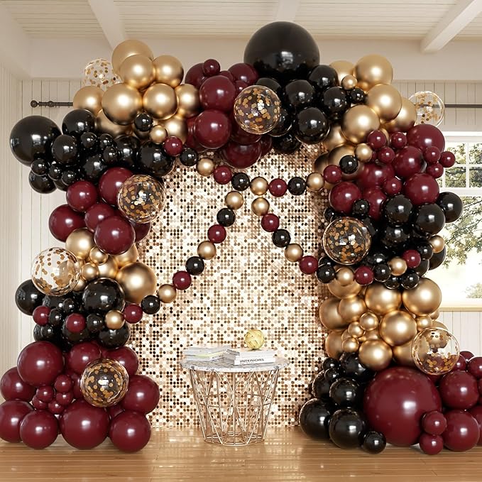 Burgundy and Gold Balloon Arch Kit, 162pcs Different Sizes with Burgundy Black Chrome Gold Confetti Balloons for Graduation Ceremony Prom Anniversary Wine Birthday Party Decorations