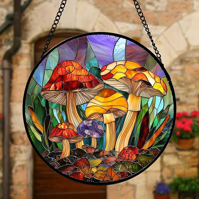 Stained Glass Window Hanging, Jungle Mushrooms Sun Catchers Diamond Glass Panel Hangings Plant Suncatcher Decor for Birthday for Women, Men, Wife, Aunt, and Mom 7.8 in
