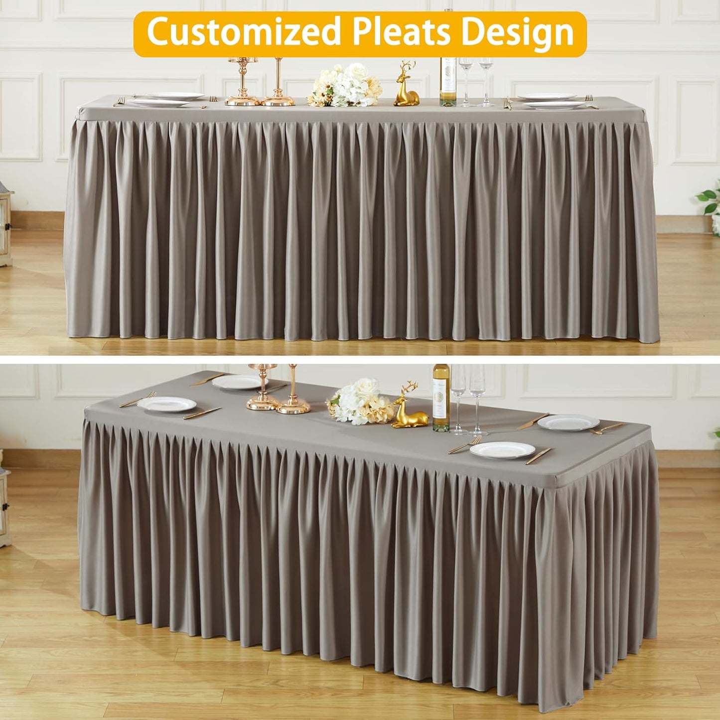 Natural Table Clothes for Rectangle Tables 6ft, Wrinkle Resistant Fitted Table Cloth with Pleated Ruffle Skirts for Banquet Wedding Baby Shower Folding Tables