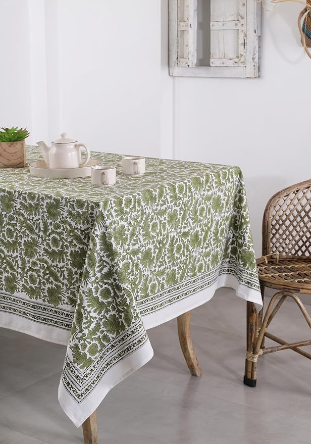 Labhanshi Indian Handblock Print Floral Cotton Table Cloth|Rectangle 60x90 Inch 6-Seater Kitchen Dining Table Cloth| Wedding Festive Holiday Picnic Party Decorative Table Cover|Moss Green Bird