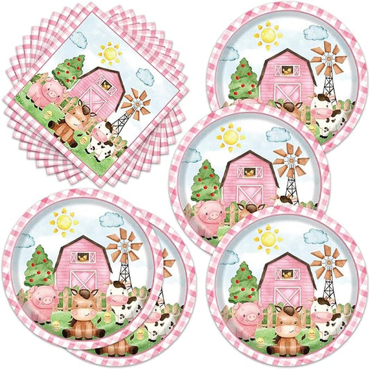 40pcs Farm Animals Party Supplies Plates and Npakins Farm House Animal Barnyard Theme Birthday Party Decorations Pink Barn Animal Baby Shower Tableware Sets