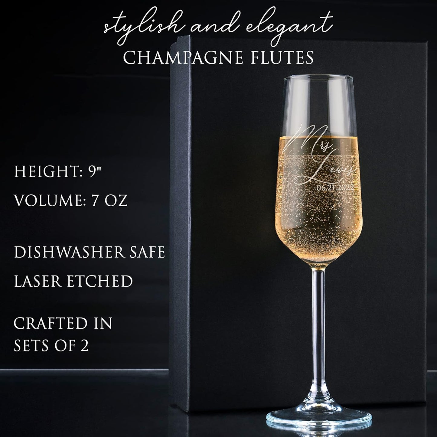 GIFTBYGIFTY Personalized Wedding Champagne Flutes for Bride and Groom - Set of 2, 7 oz, 2 Designs - Champagne Glasses for Engagement with Your Names and Date - D1