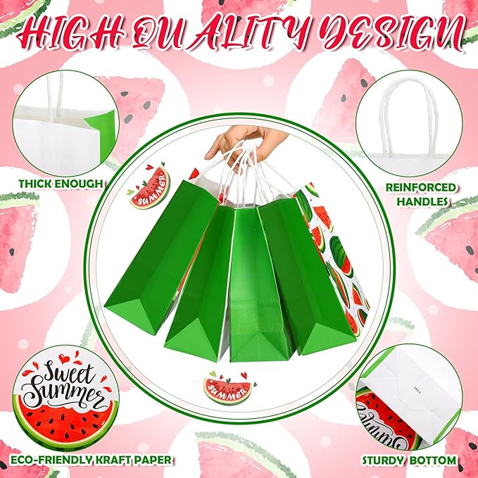 Outus 24 Pieces Watermelon Party Bags Watermelon Paper Goodie Bags Party Favor Bags Watermelon Treat Candy Bags Summer Fruit Birthday Party Supplies for Summer Pool Party Decorations