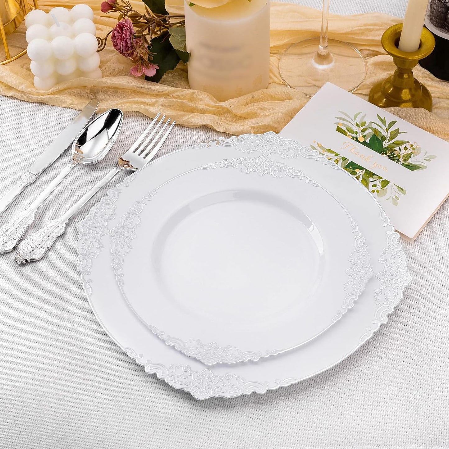 100 PCS White and Silver Disposable Plastic Plates for 50 Guests - 50 Dinner Plates, 50 Dessert Plates for Party, Wedding, and Graduation