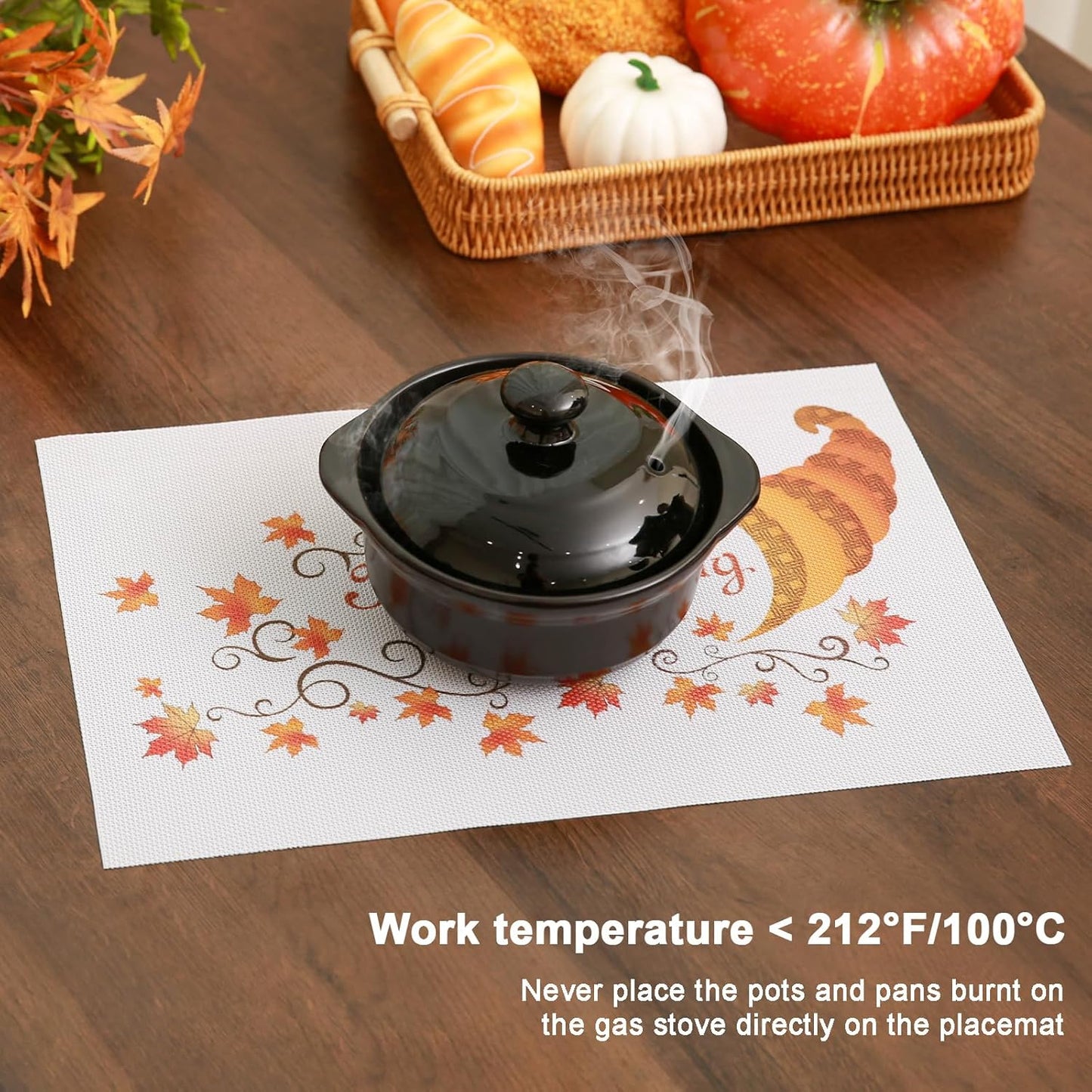 Thanksgiving Placemats Set of 6 Fall Place Mats Pumpkin Maple Leaves Table Mats Washable Non-Slip Heatproof Woven Placemats for Dining Table (17.7" X 11.8")