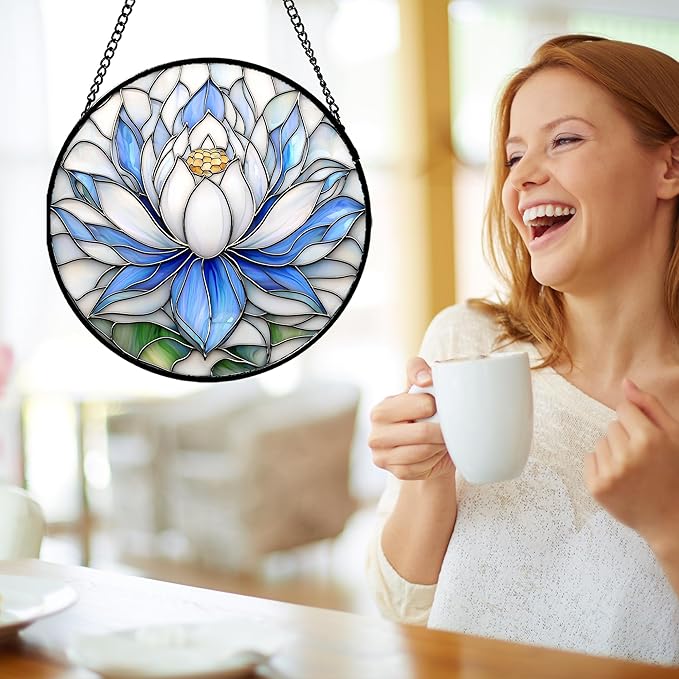 Stained Glass Window Hanging - Blue and White Lotus Petal Suncatcher for Doors Window Home Sun Catchers Decor Christmas Mother's Day July Birthday Gifts for Teacher Women Men Mom Nana 6.3 in