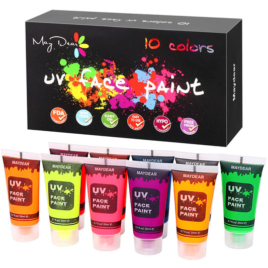 Maydear 10 Colors UV Face Body Paint Set, Fluorescent Glow Blacklight Neon Liquid Face Paint - Perfect for Halloween, Carnivals, and Parties - 0.7 FL OZ. Each