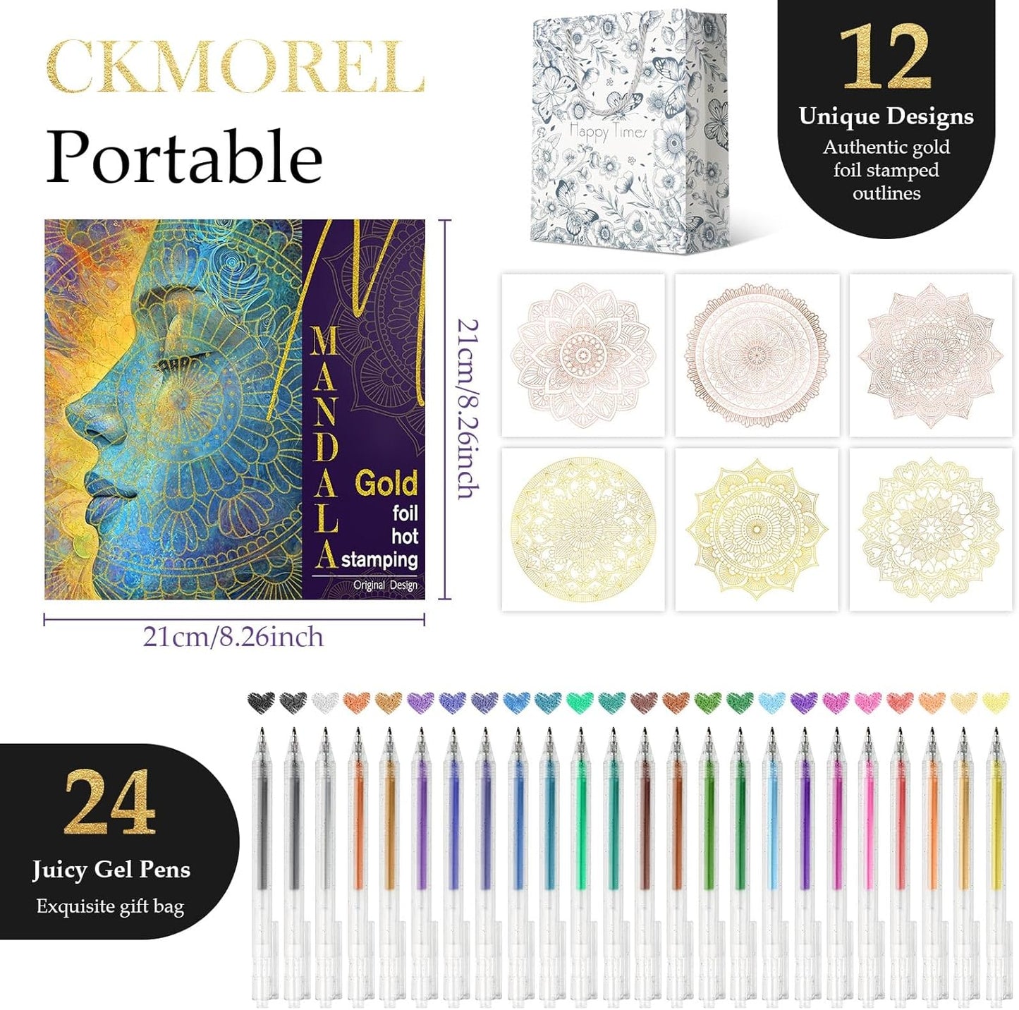 Adult Coloring Book for Women Relaxation, Gold Foil Mandala Coloring Book Set with 24 Colors Retractable Glitter Gel Pens, 12Pcs Premium Single-Sided Paper Portable Gift for Adults Includes Gift Bag