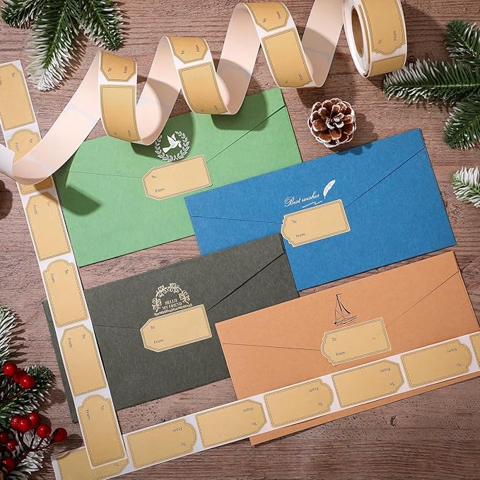 600 Pcs Gift Tag Stickers, 4 Styles Natural Kraft to and from Gift Tag Stickers 1.18"X2.36" Self Adhesive Christmas Labels Holiday Present Labels, 300 Pcs/Roll