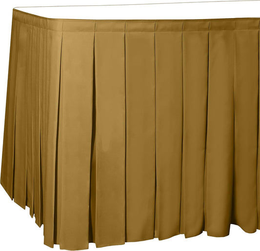 Ultimate Textile Pleat Polyester Fabric Table Skirt - Machine Washable, Flame Resistant, Cut & Sewn in NJ, Desk Skirt - Gold, 21' Box Pleat x 42" h