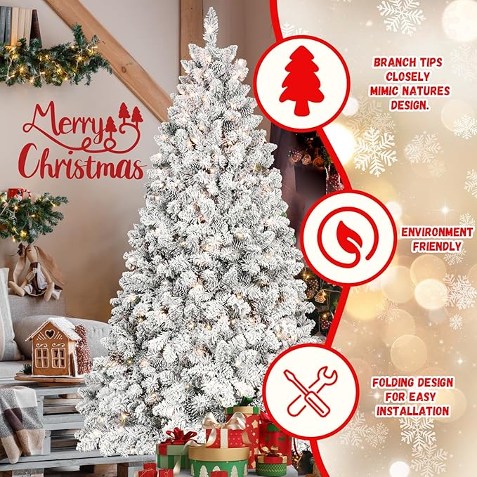 9FT Prelit Flocked Christmas Tree with 850 Lights & 2240 Branch Tips, Pre Lit Hinged Xmas Tree with Memory Wire Technology, Premium Artificial Christmas Tree with Pine Cone for Holiday Decoration