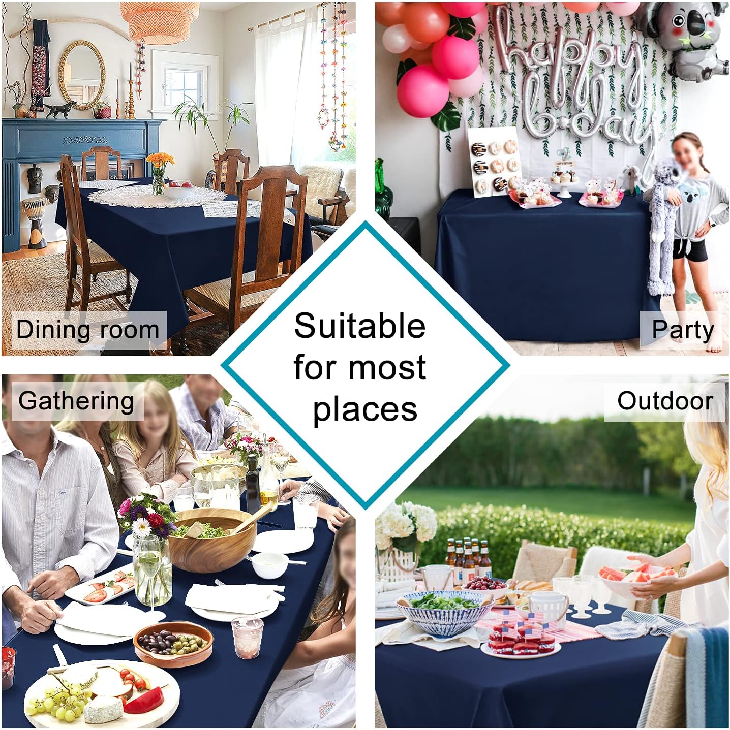 Hiasan Rectangle Tablecloth - Waterproof Washable Fabric Table Cloth for Wedding, Banquet, Gathering and Dining Room, 90 x 132 Inch, Navy Blue