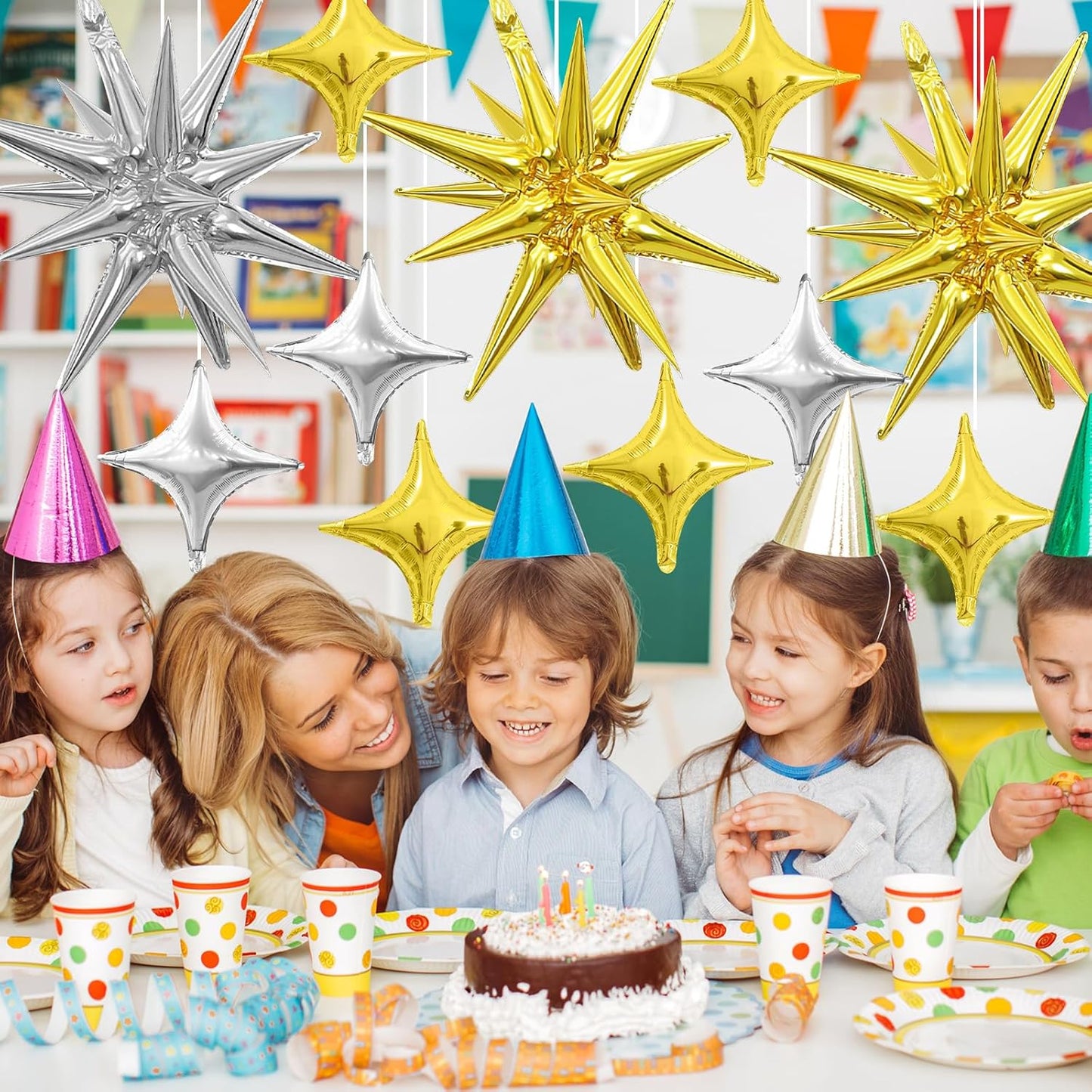 Gold Silver Star Balloons,Explosion Star Balloons Kit with 6Pcs 22Inch Cone Star Foil Balloons and 10Pcs 10Inch Four Pointed Star Balloons for Birthday Anniversary Disco Party Decorations