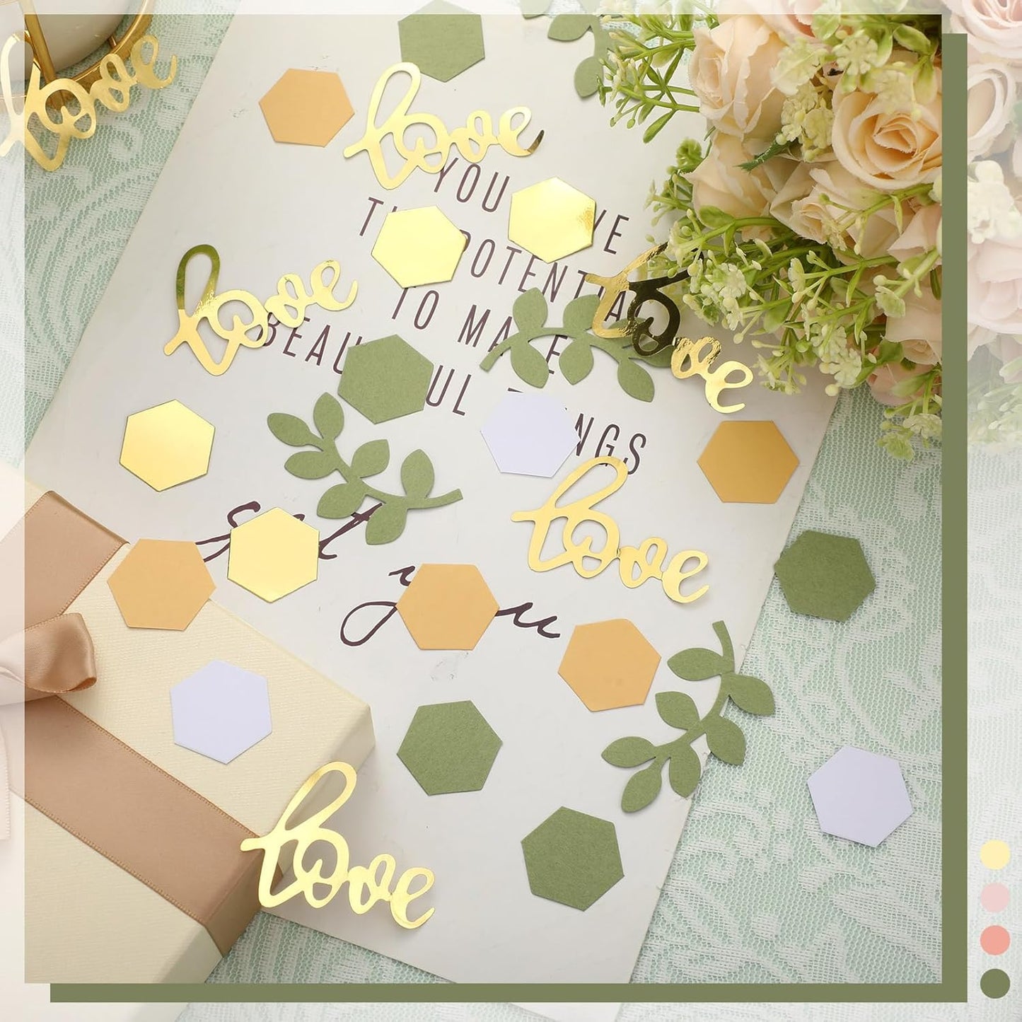 500 Pcs Greenery Wedding Table Confetti, Boho Love Theme Party Sage Green Table Scatter Confetti for Nature Theme Engagement Party Wedding Birthday Shower Party (Gold, Tea Green, Nude, White)
