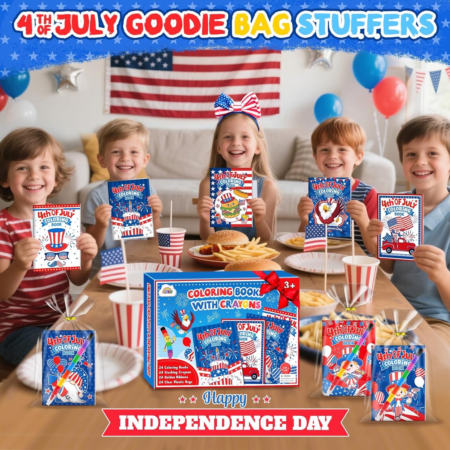 ZMLM 24 Coloring Books for Kids Party Favors: Bulk 24 Crayons Mini Coloring Books for Kids Ages 4-8 Birthday Goodie Bags Stuffers Toddlers Return Gifts Classroom Prizes Teacher Crafts (4th of July)