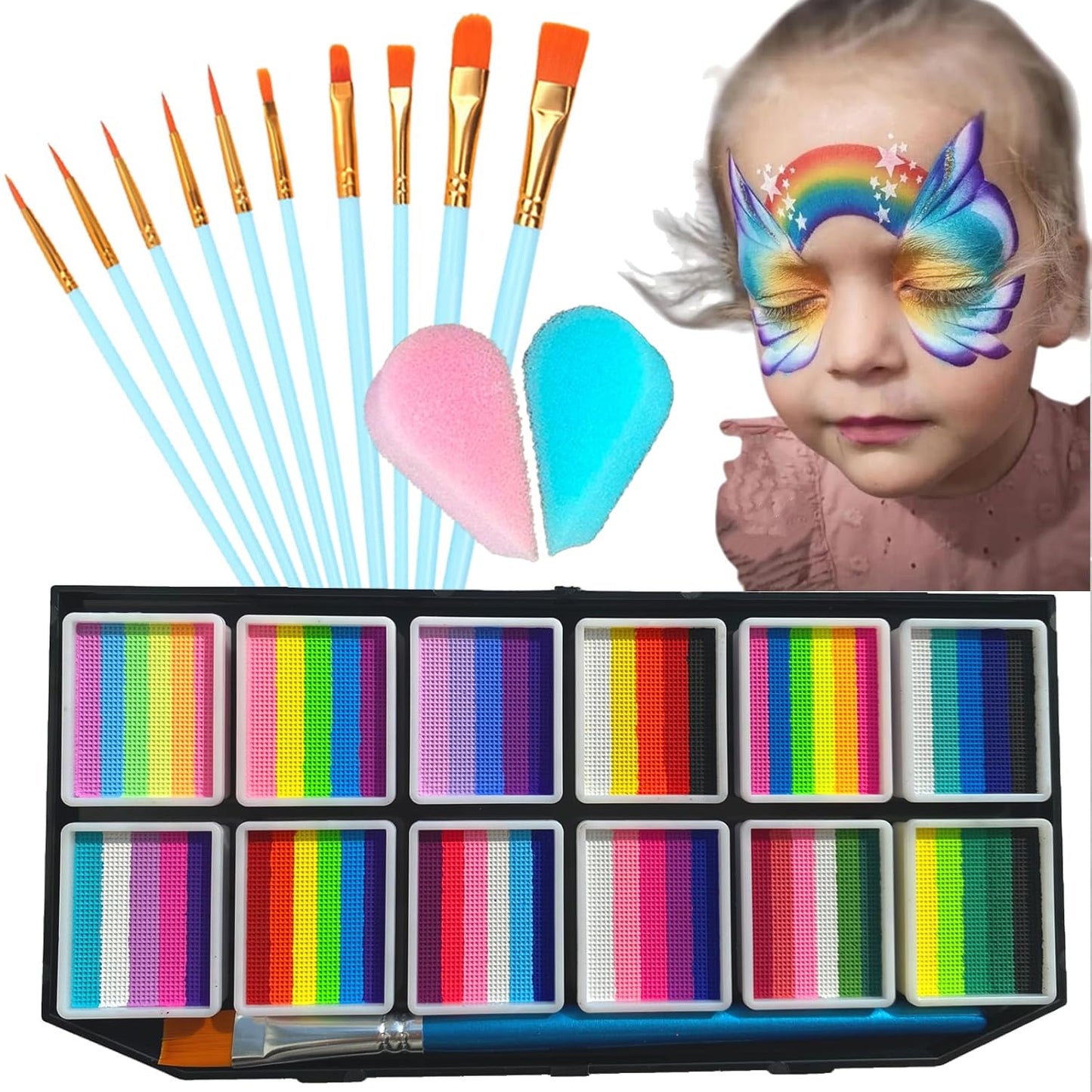 Professional Face Painting Kit for Kids & Adults, Split Cake Face Paint Palette Non-Toxic Water Activated Facepaint Palette with Brush, Sponge, for Party Halloween (12 Split Cakes)