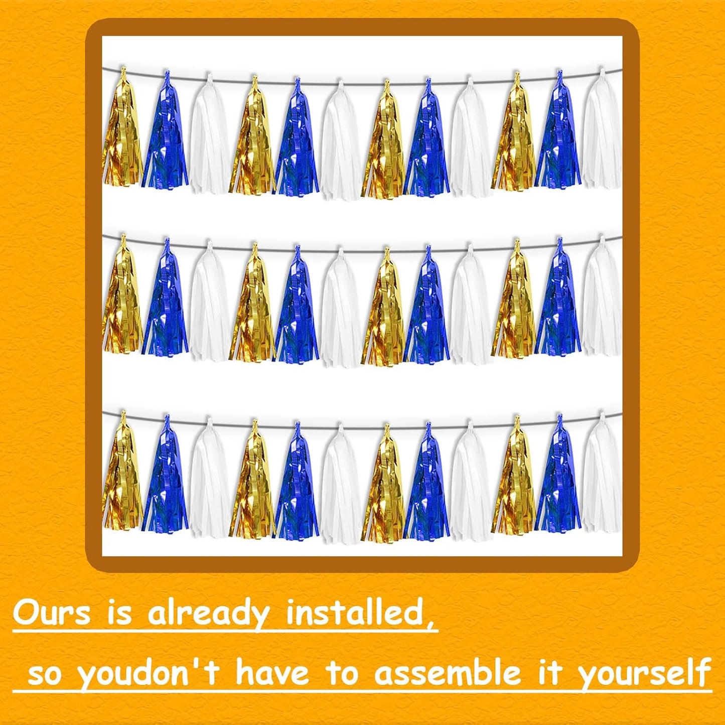 3 Pack Navy-Blue White and Gold Tassel Banner Garland Metallic Foil Fringe Banner Tinsel Tassels Streamer Banner Backdrop for Parade Floats, 2025 Graduation, Retirement Party Decoratio