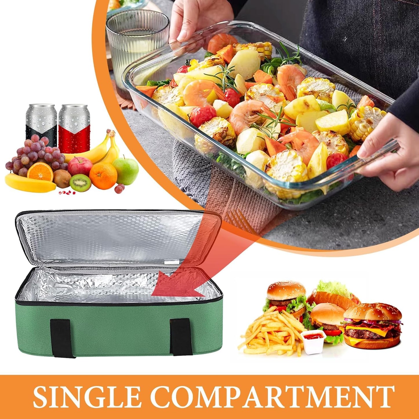 Insulated Casserole Carrier - Insulated Thermal Carry Bag for Hot or Cold Food, 9"X13" Casserole/Baking Dish Carrier for Travel/Party, Durable Nylon, Green, Single Layer with Zip Pockets