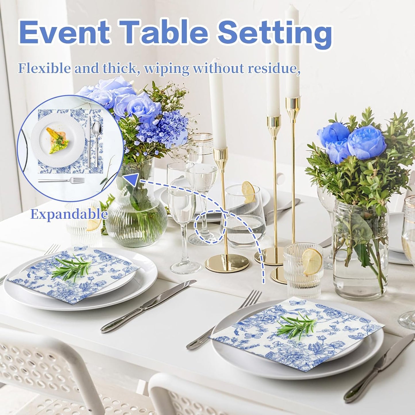 100Pcs Blue Floral Napkins Beverage Cocktail Napkin Disposable Blue and White Paper Dinner Napkin Fancy Decorative Hydrangea Flower Guest Hand Towel for Wedding Bridal Baby Shower Tea Birthday Party