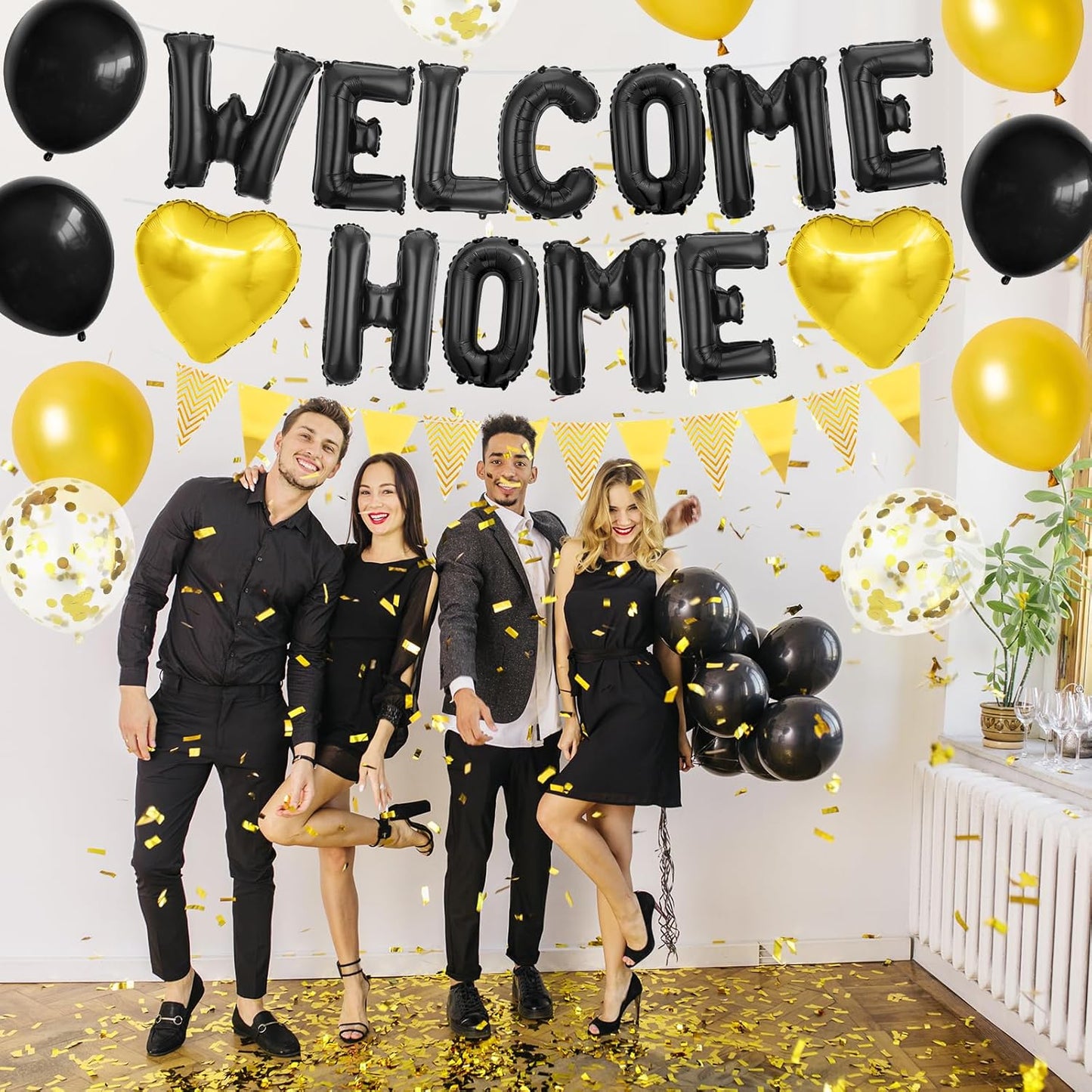 Welcome Home Decorations Black Gold,Welcome Home Foil Balloon Banner with Confetti Balloons,Gold Heart Balloons Pennant Flag Bunting for Housewarming Baby Shower Home Family Party Supplies