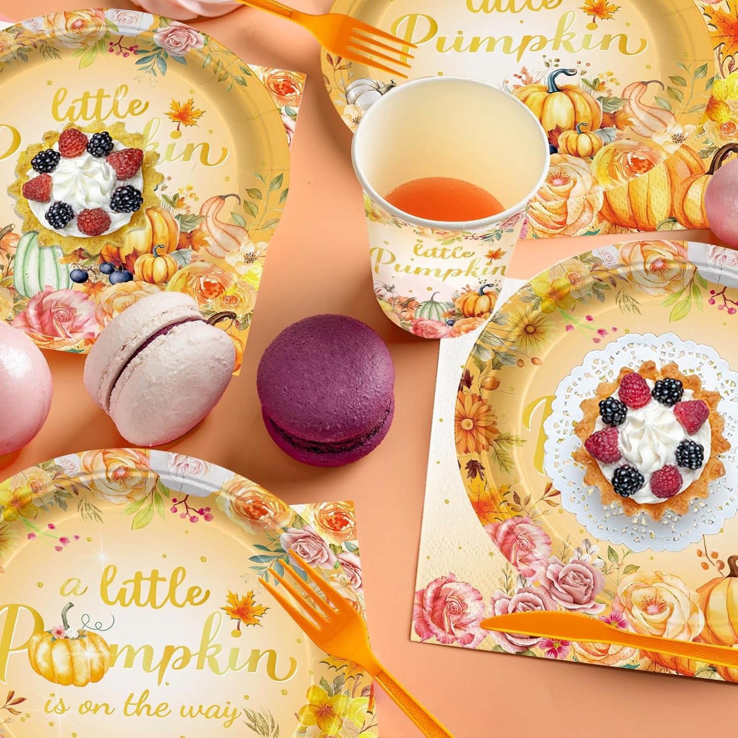 168PCS Little Pumpkin Party Supllies for Girls Boys Boho Fall Floral Birthday Party Decorations Thanksgiving Tableware Autumn Farm Plates Cups Napkins Cups Dinnerware for 24 Guests