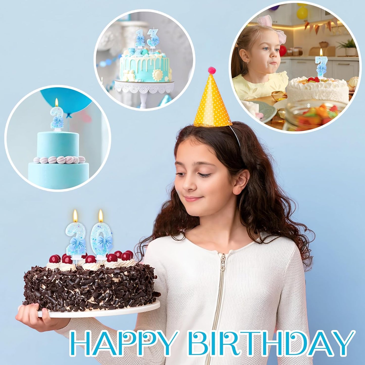 20 Birthday Candles Blue Bow Number 20 Cake Candles, 20th Cake Topper Decorations for Kids Pets Pastel Birthday Party Supplies (Number 20)