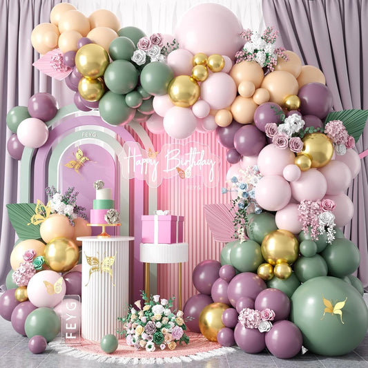 Dusty Green Purple Pink Balloon Arch Kit, Pastel Balloons Garland Party Decorations with Green Pink Lavender Purple Balloons for Girls Tea Party Birthday Baby Shower Bridal Wedding Party