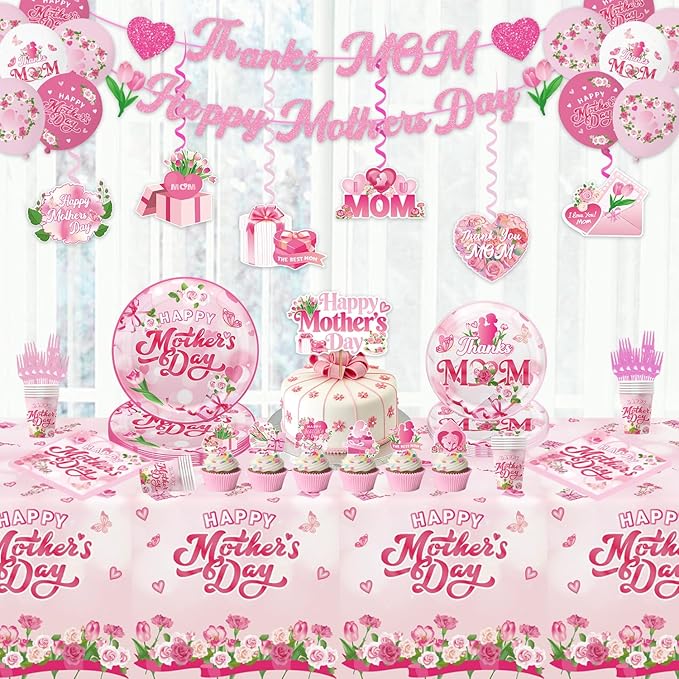 133Pcs Mothers Day Decorations, Happy Mothers Day Party Set with Plates, Napkins, Cups, Tablecloth, Banner, Balloons, Cake Topper, Cupcake Toppers for Mom Birthday Party, Serves 20 Guests