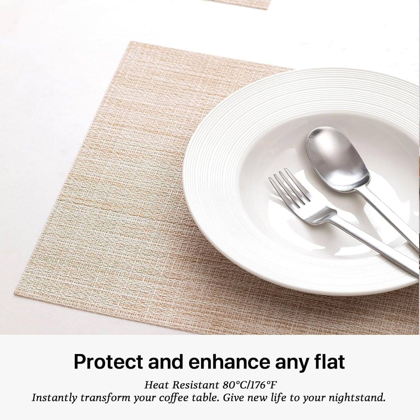 LEXMORE Placemats Set of 12 Vinyl/Plastic Woven Place Mats for Kitchen Table Indoor/Outdoor Washable Placemat Wipeable Dining Table Mats(A-Beige)