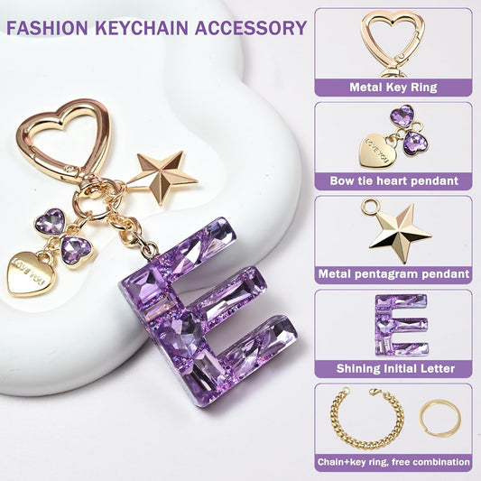 Cute Bling Keychain initial Letter Butterfly Star Pink Purple Gift for Women Girls Bag Cup Charms Accessories