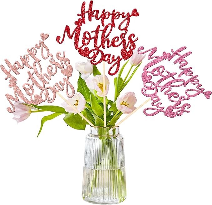 12 PCS Happy Mother's Day Centerpiece Sticks Double Sided Glitter Love Mother Best Mom Centerpieces for Happy Mother's Day Theme Table Flower Decorations Women Birthday Party Supplies Colorful