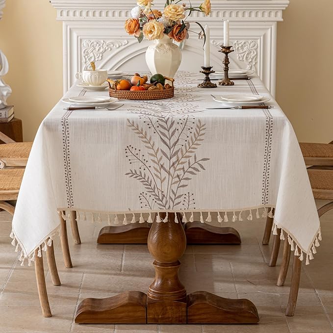 Joyfol Day Rustic Waterproof Linen Tablecloth, Heavy Weight Fern Embroidery Table Cloths for Rectangle Tables, Farmhouse Spill-Proof Table Covers with Tassels, Coffee 55''x 102''