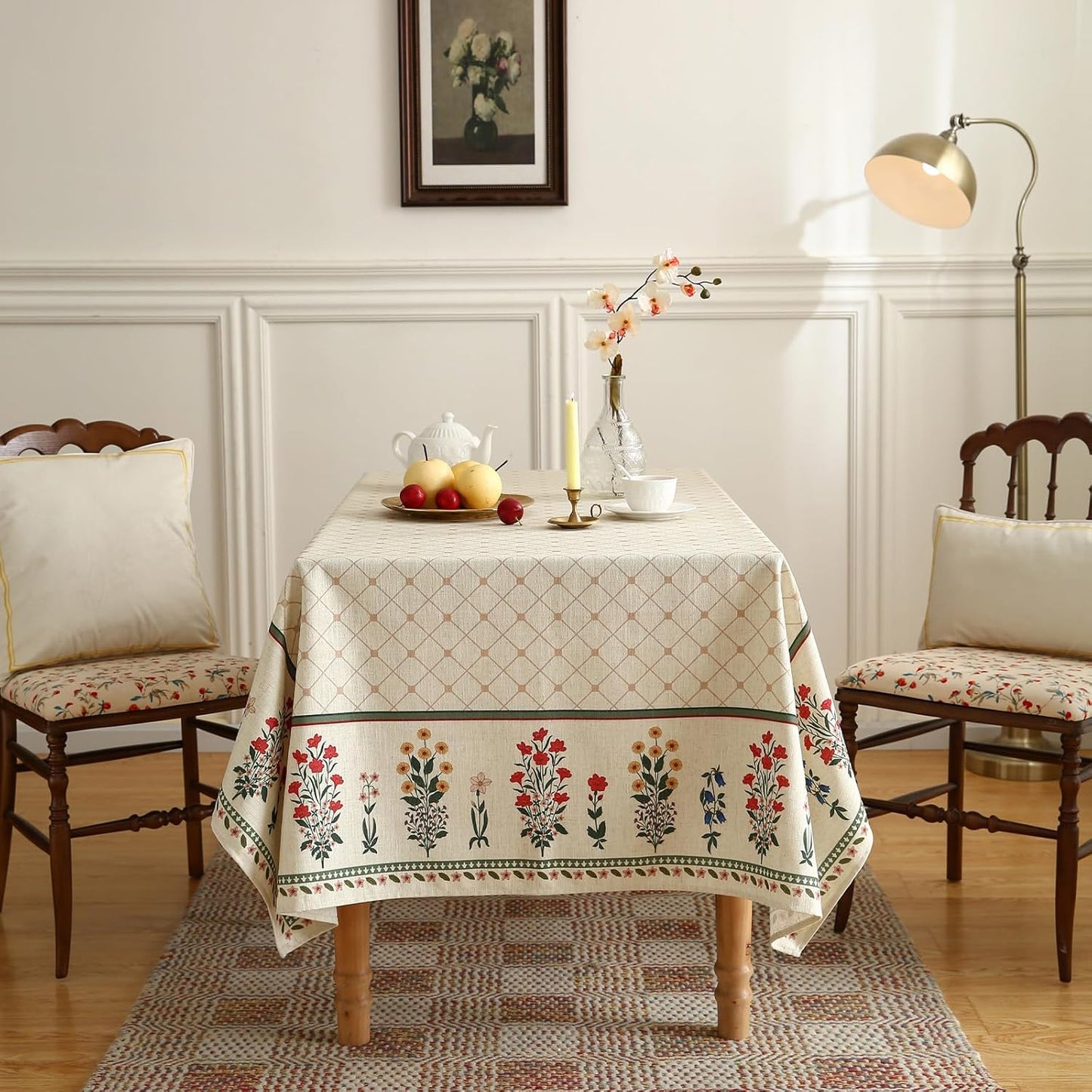 ISAENNE Designer Vintage Linen Floral Extra Long Rectangle Tablecloth,Fall Colorful Modern Table Cloth,Anti-Wrinkle Decor Tablecloths for Dining Thanksgiving Kitchen Christmas,63"*110"-Bertina E