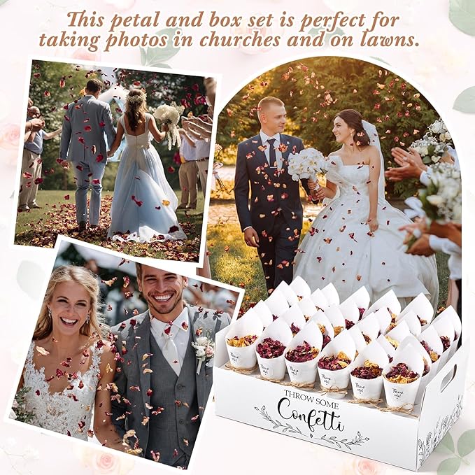 Wedding Confetti Cones Sets with 300g (10.58 Oz) Biodegradable Dried Flowers White Petal - 60 Paper Cones, Tray & Stickers for Bridal Shower, Engagement Party, Baby Shower (60 Guests)