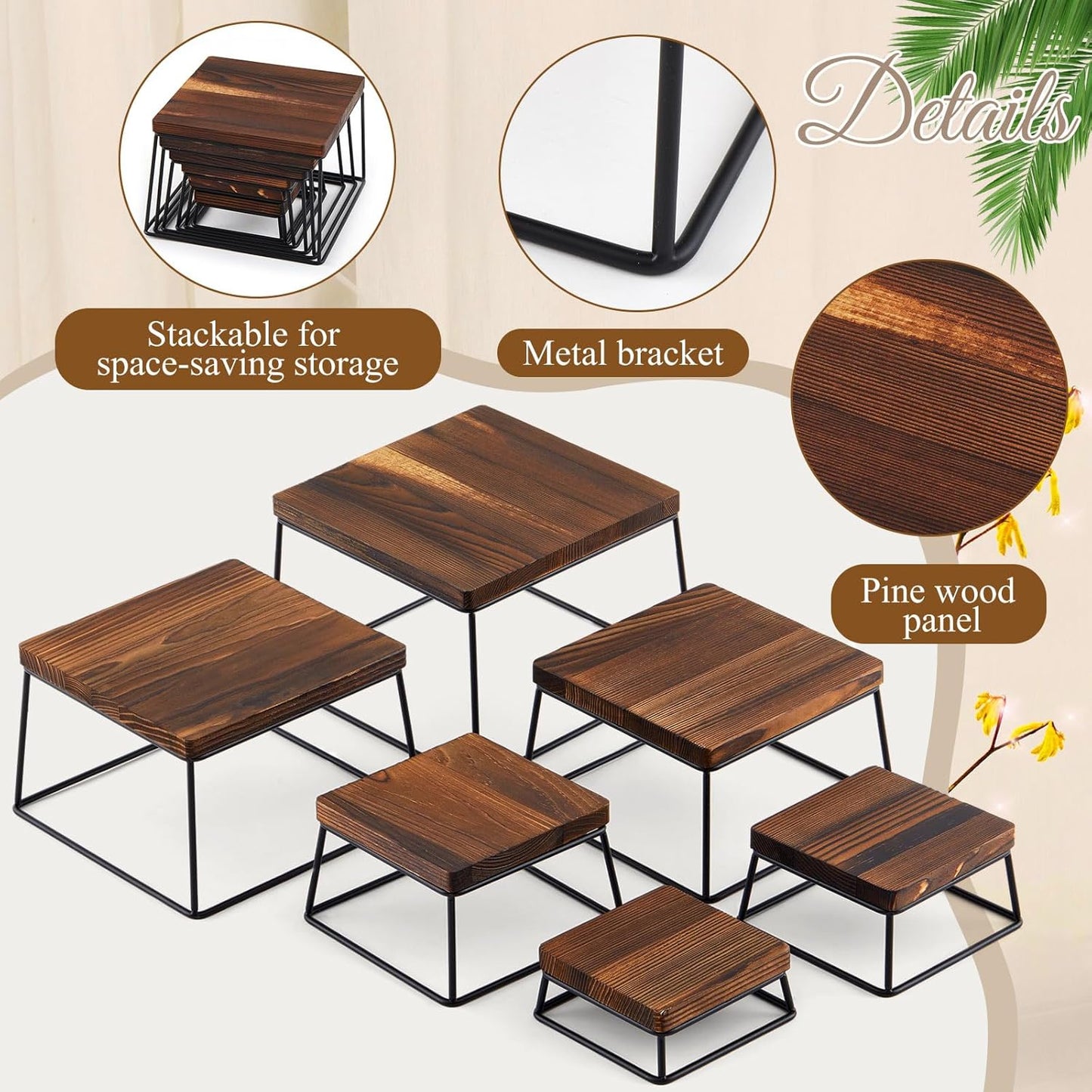 Weysat Set of 6 Dessert Tabletop Display Wood Dessert Display Stands for Cup Cake or Food, Buffet Table Tiered Stand Jewelry Figures Show Rustic Brown
