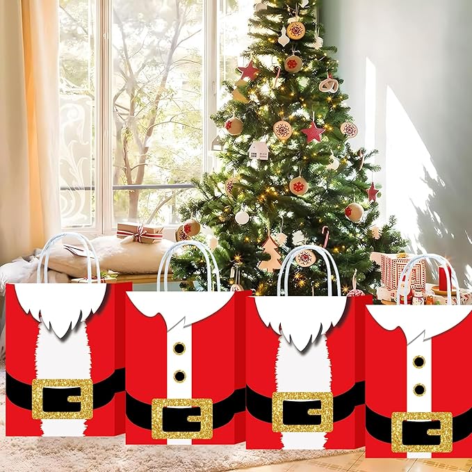 HongXingHai 24Pcs Fine Christmas Kraft Paper Gift Bags with Handles - Christmas Prints for Holiday Xmas Party Favors