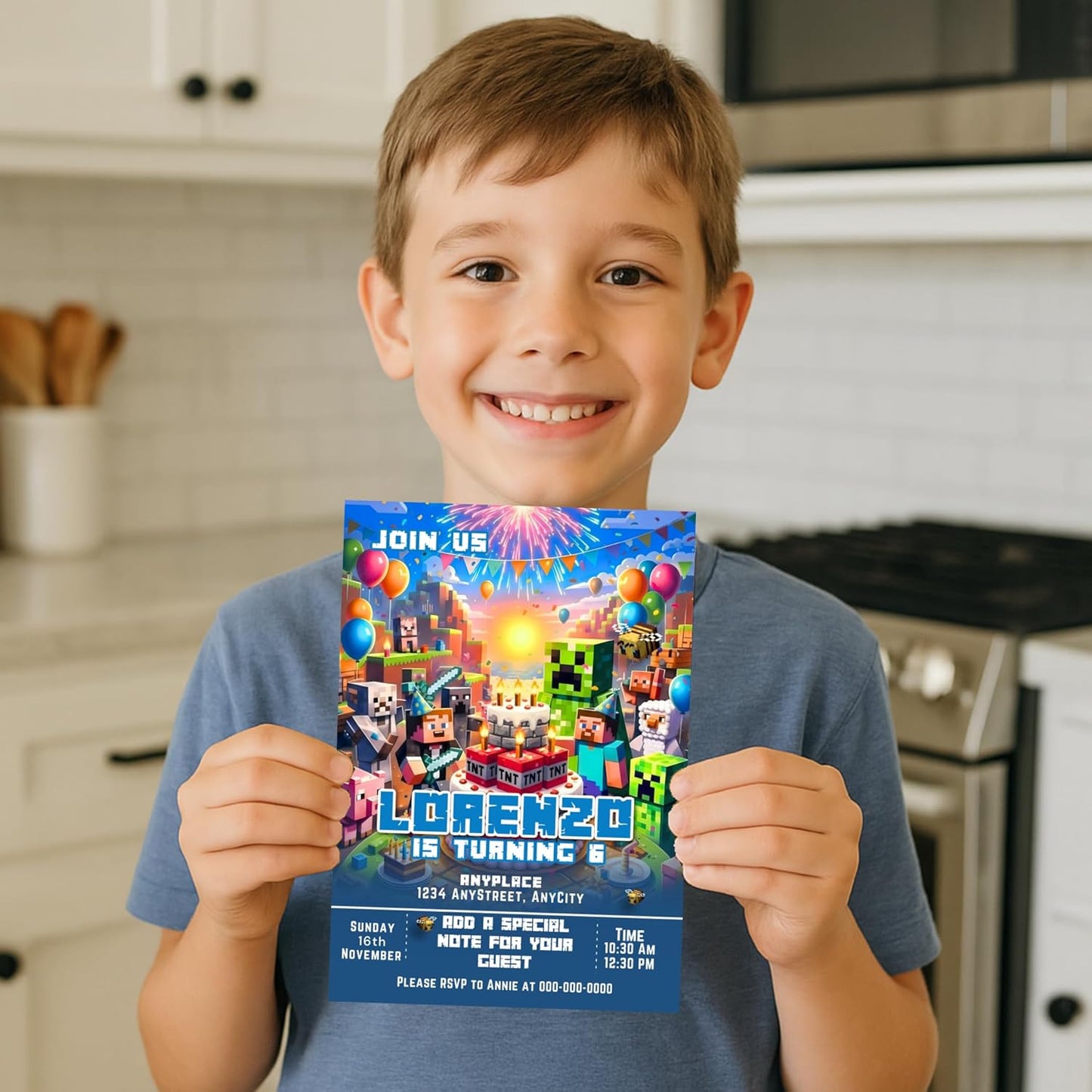Fully Customizable minecraft Birthday Party Invitations, 4 x 6 inches, with Self-Sealing Envelopes, Gaming Theme Design, minecraft Birthday Invitations for Boys and Girls (Minecraft/Cake)