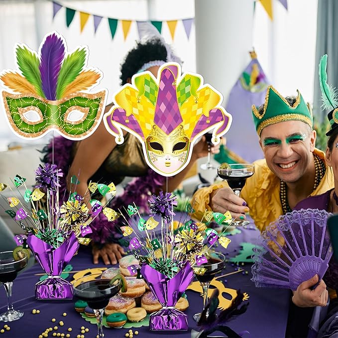 6 PCS Mardi Gras Table Centerpieces Metallic Plastic Carnival Decoration Centerpiece Glitter Foil Masquerade Party Table Decor with Carnival Cutouts for Festival Home Table Party Supplies Decor