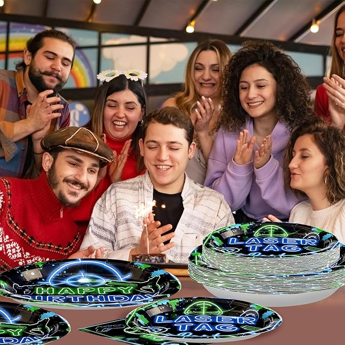96PCS Laser Tag Birthday Party Decorations Laser Tag Party Plates Disposable Green Blue Laser Party Tableware Set for Kids Boys Girls Neon Glow Laser Tag Game Birthday Decorations, Serves 2