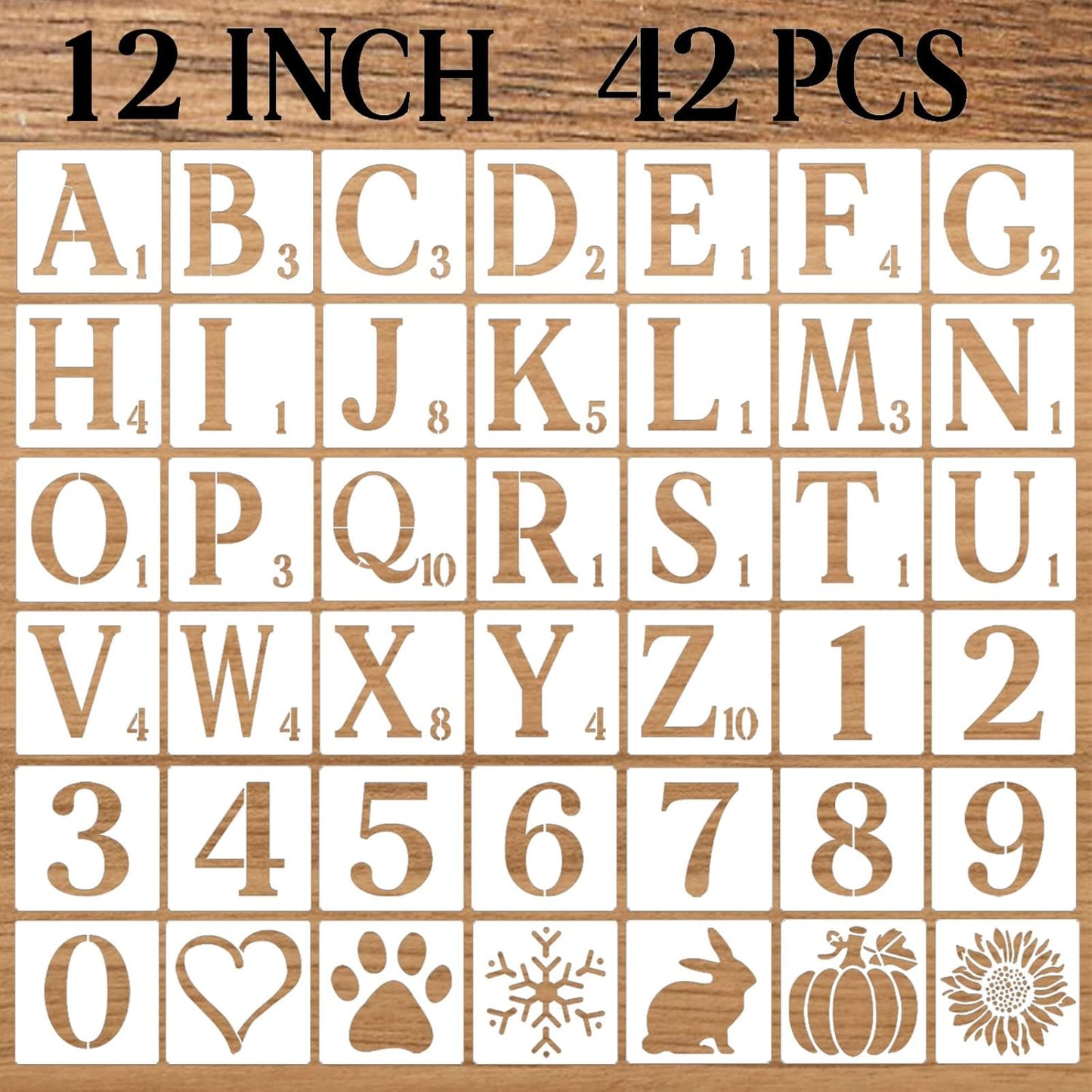 12 Inch Letter Stencils Numbers Craft Stencils, 42 Pcs Reusable Plastic Alphabet Drawing Templates for Painting on Wood, Wall, Fabric, Rock, Signage, Door Porch, DIY Art Projects