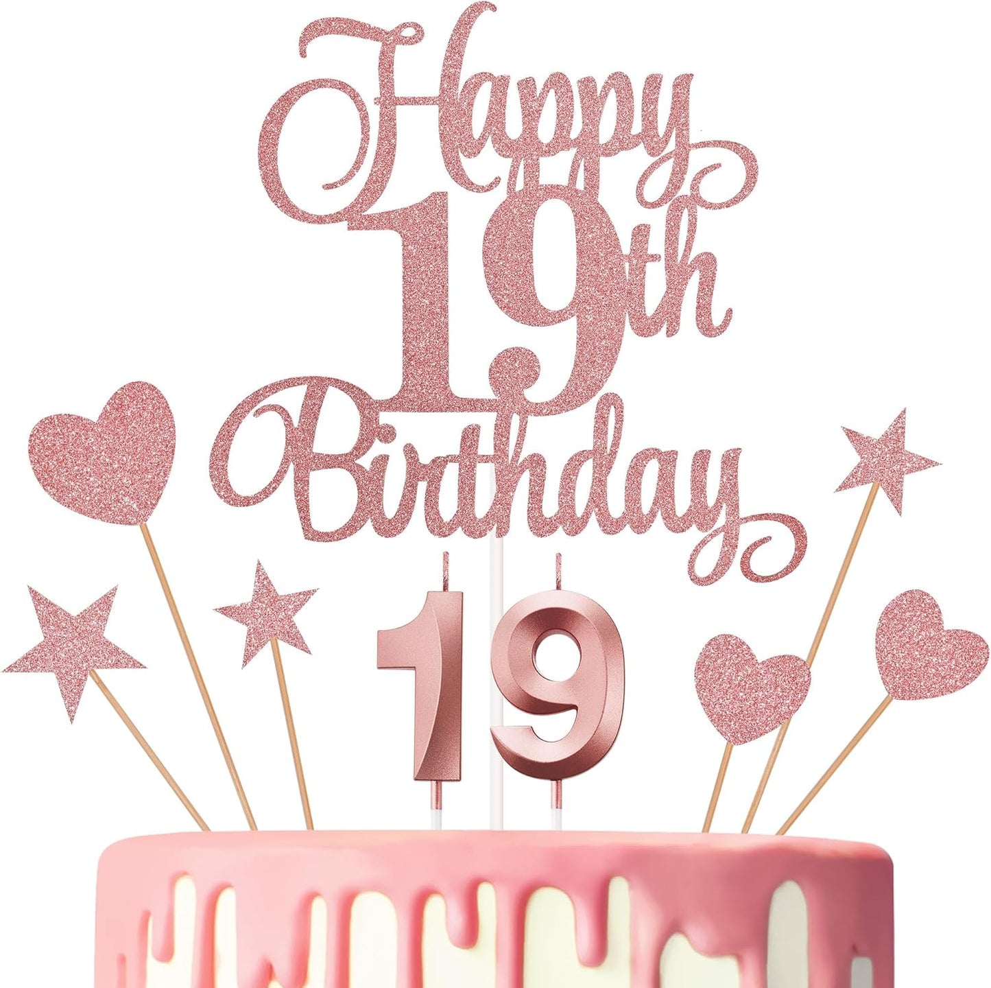 19th Birthday Cake Decorations, 19th Birthday Candles Cake Numeral Candles and Glitter Happy 19th Birthday Cake Toppers Set for Birthday Party Supplies (Rose Gold)