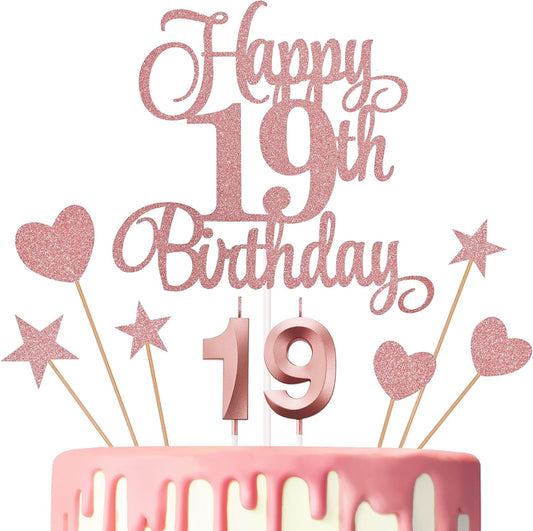 19th Birthday Cake Decorations, 19th Birthday Candles Cake Numeral Candles and Glitter Happy 19th Birthday Cake Toppers Set for Birthday Party Supplies (Rose Gold)