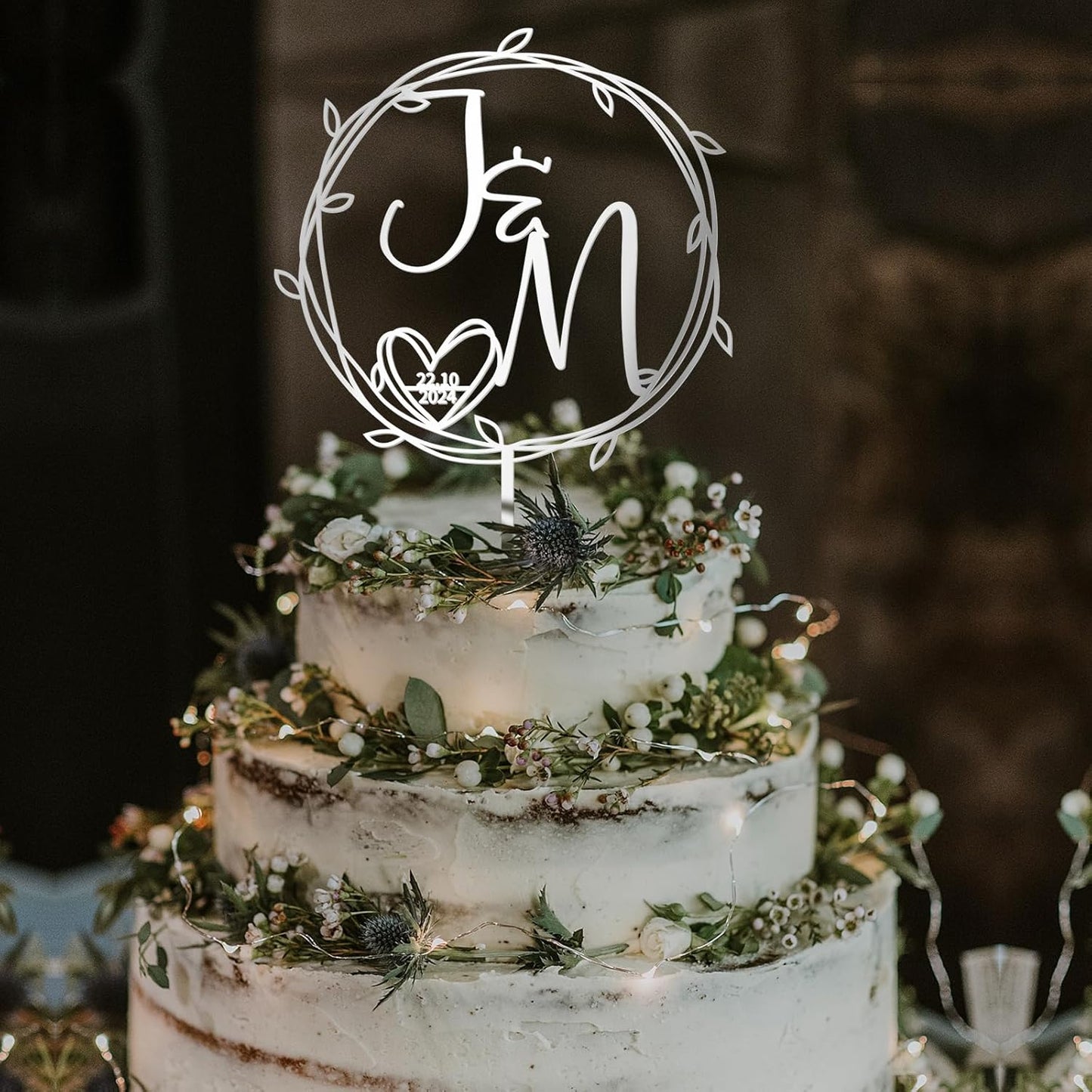 Personalized Initials Wedding Cake Topper in Acrylic Custom Wedding Anniversary Date Cake Topper Cake Decoration (Design 06)