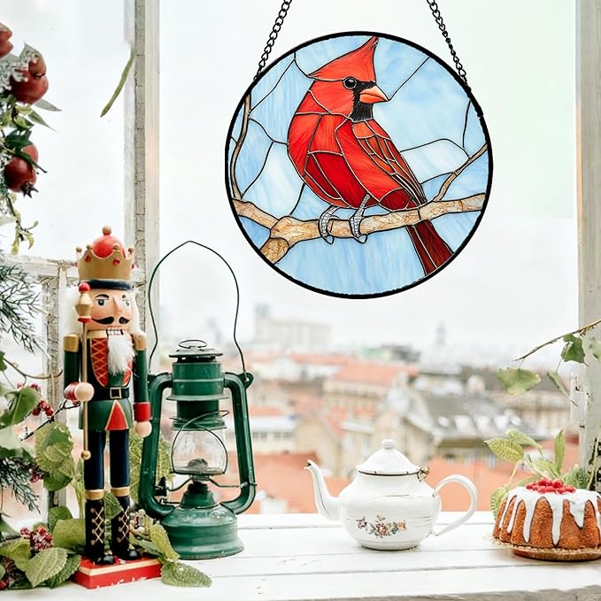 Stained Glass Window Hanging Cardinal Birds Large 11.8" - Suncatcher Door Garden Sun Catcher Home Decor Christmas Birthday for Bird Lovers Woman Her Nana Wife Men Mom