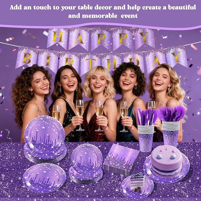 182PCS Purple and Silver Birthday Party Decorations,Purple Theme Party Plates and Napkins Disposable Tableware Set for Girls Ladies Women Wedding Favors,Serves 30 Guests