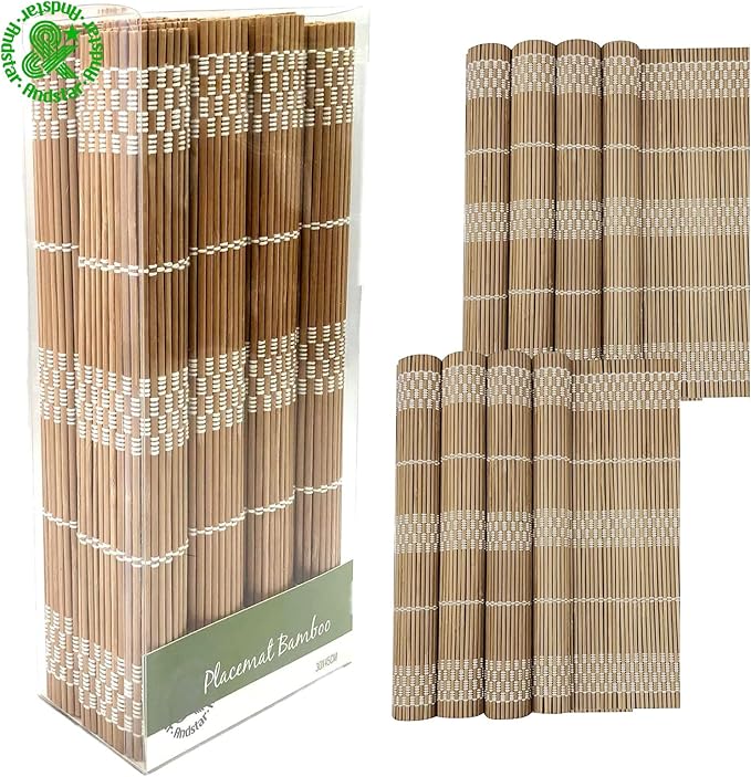 ANDSTAR Bamboo Placemats Set of 8, 17.7x11.8 Inch Brown with White Thread - Non-Slip & Heat Resistant, Easy Clean Woven Table Mats for Dining Room, Kitchen or Home Decor