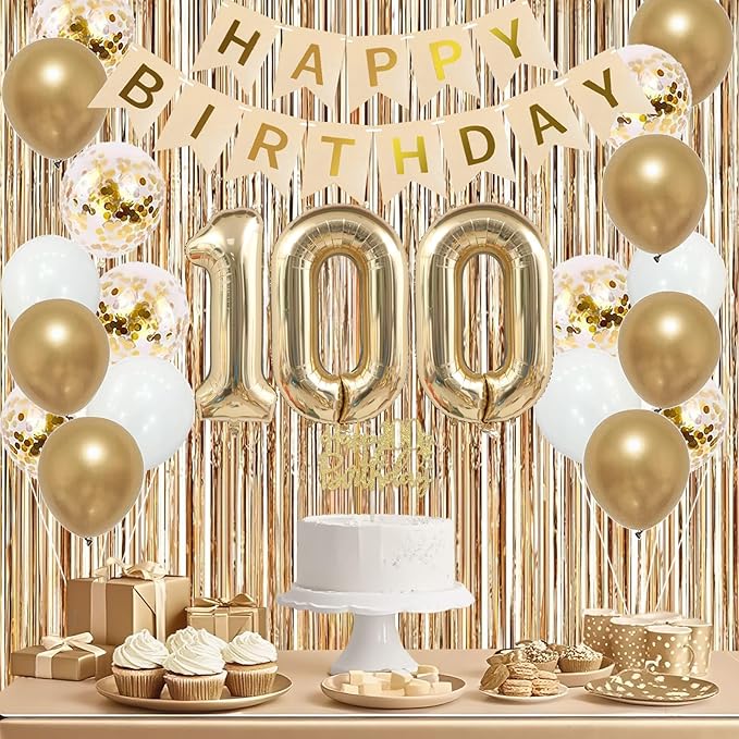 Trgowaul 100th Birthday Decorations for Women, Banner, Sash and Crown, Cake Topper, 100 Number Balloon, Fringe Curtains, Champagne Gold 100th Birthday Party Supplies